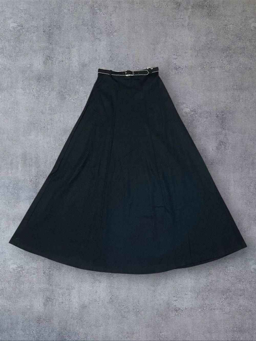 Vintage 70s Ecco Bay Sz 7/8 Ball Chain Belted Black A-Line Maxi Skirt